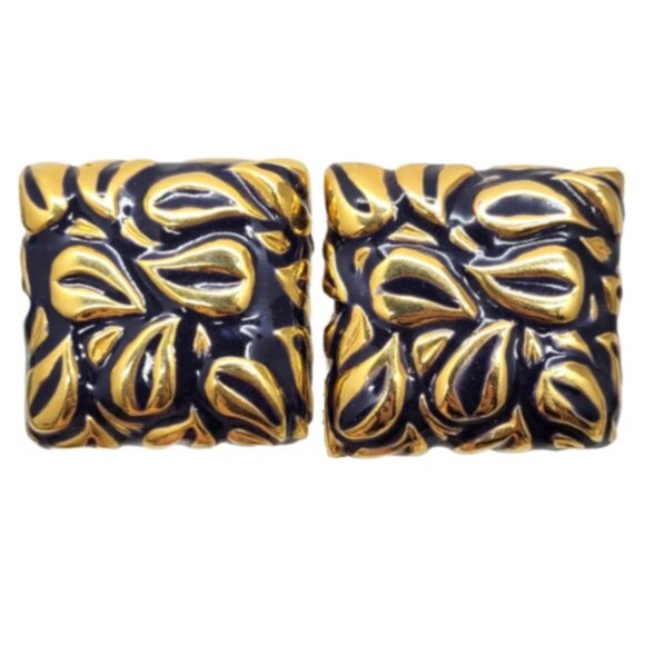Vintage Signed Escada Square Goldtone & Blue Enamel Clip Earrings - Picture 1 of 11